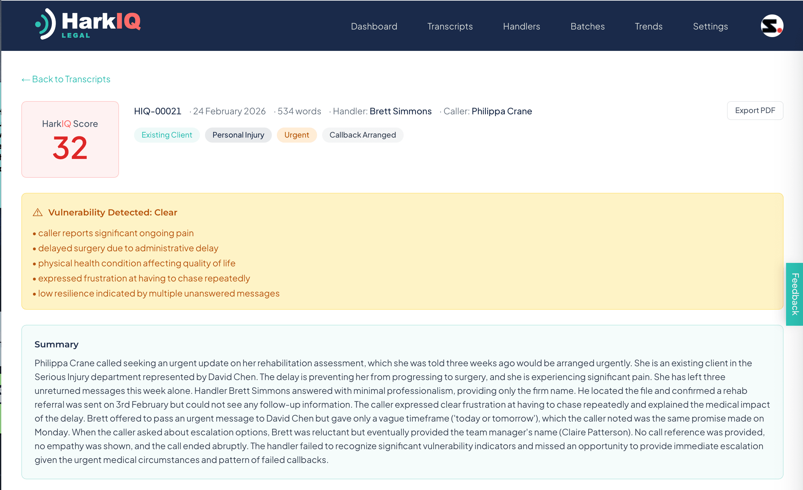 Individual call report with HarkIQ Score of 32, vulnerability detection flagged, and full AI-generated analysis summary